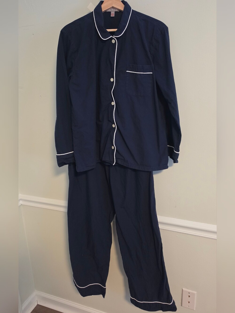 J.Crew End-on-End Cotton Long Sleeve Pajama Set Navy White Piping Small